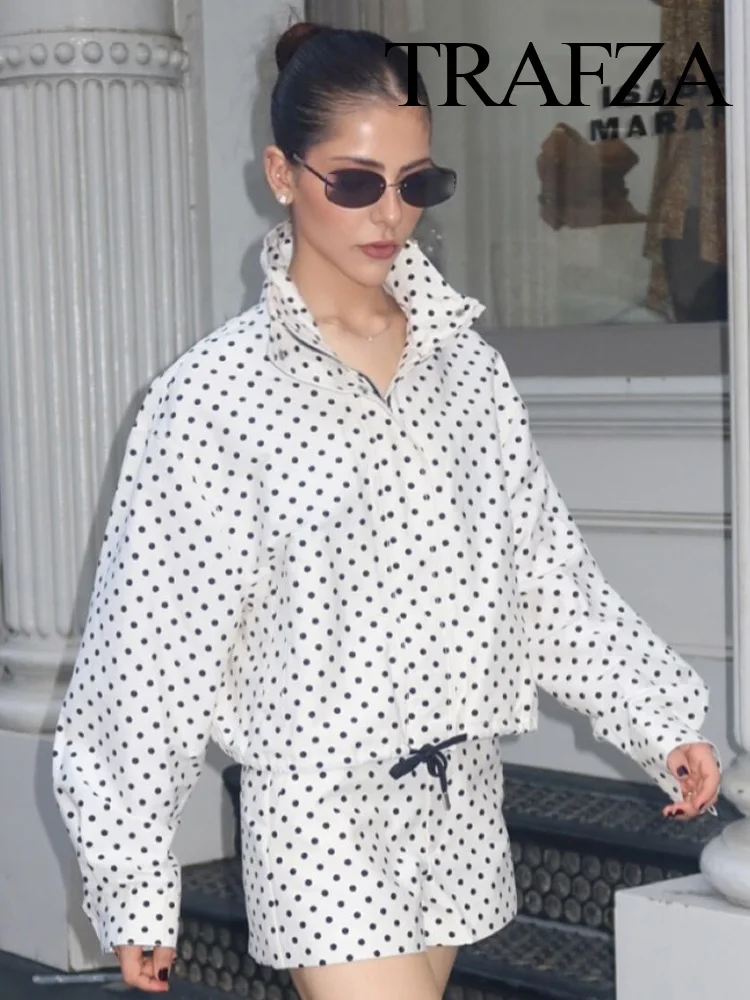 

TRAFZA Autumn Women Casual Suit Polka Dot Zipper Draw Rope Loose Jacket+Mid Waist Side Pocket Shorts+Street Style Long Pants