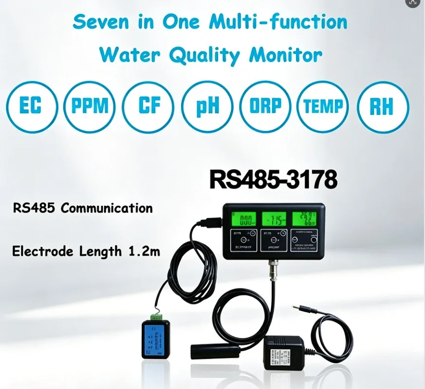 Monitor de Calidad del Agua 7 en 1 con RS485, Medidor de EC/TDS/CF/pH/ORP/Humedad/Temperatura para Acuario, Piscina y Laboratorio