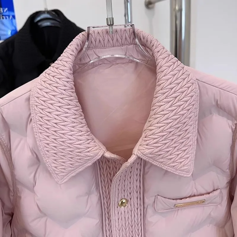 Women Chic Cotton Coat 2024 Winter Long Sleeve Vintage Contrast Lapel Stitching Loose Jacket Diamond Pattern Casual Warm Outwear