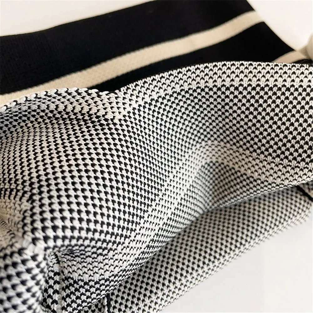 Women Handmade Wide Stripe Knit Handbag Shopping Bags Plaid Tote Bag Knot Wrist Bag