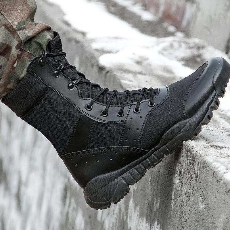 Botas tácticas de trabajo para hombre, zapatos ligeros de combate del Ejército, impermeables, con cordones, a la moda, de malla, para motocicleta