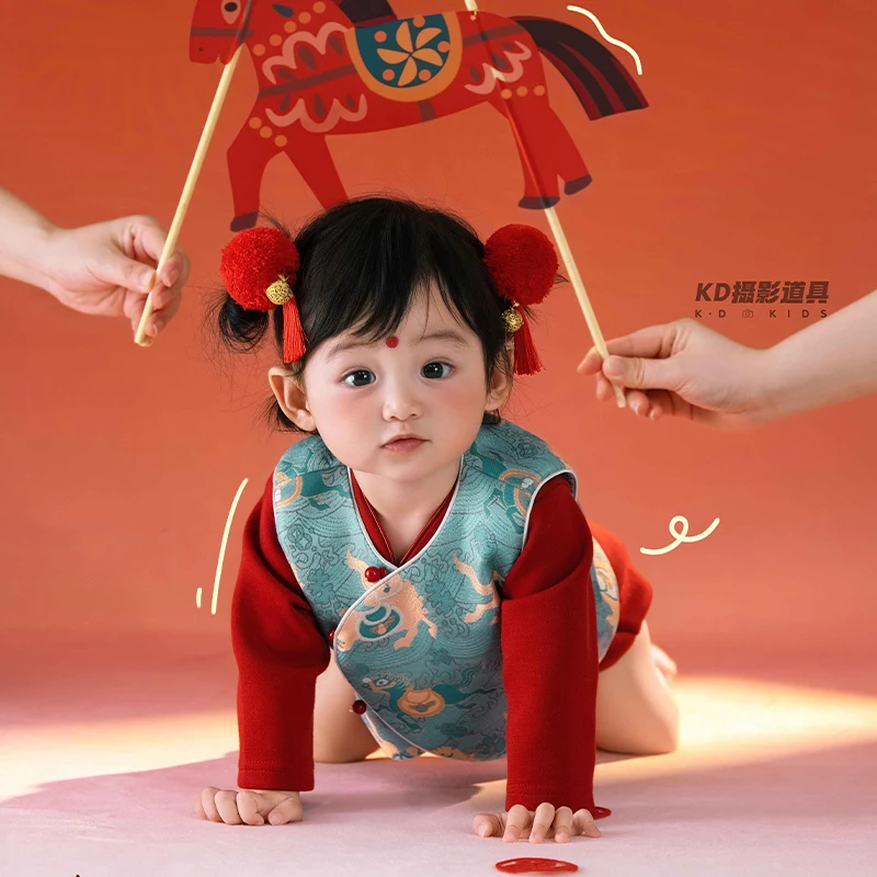 Traditional Chinese New Year Baby Photography Outfit Red Blue Tang Suit Vest with Long Sleeve Shirt for 3-12 month Baby Girls