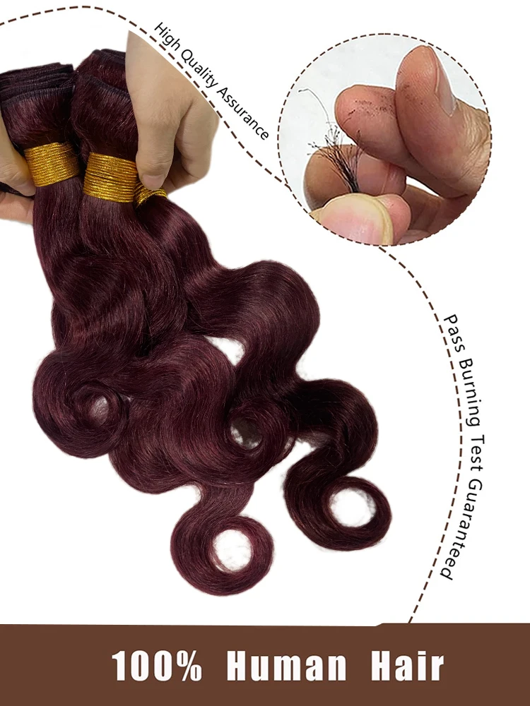 99J Burgundy Body Wave Bundle Brazilian Virgin Human Hair Bundle 14 16 18 20 Inch Wine Red Hair Extensions 3/4 Bundle Soft Silky