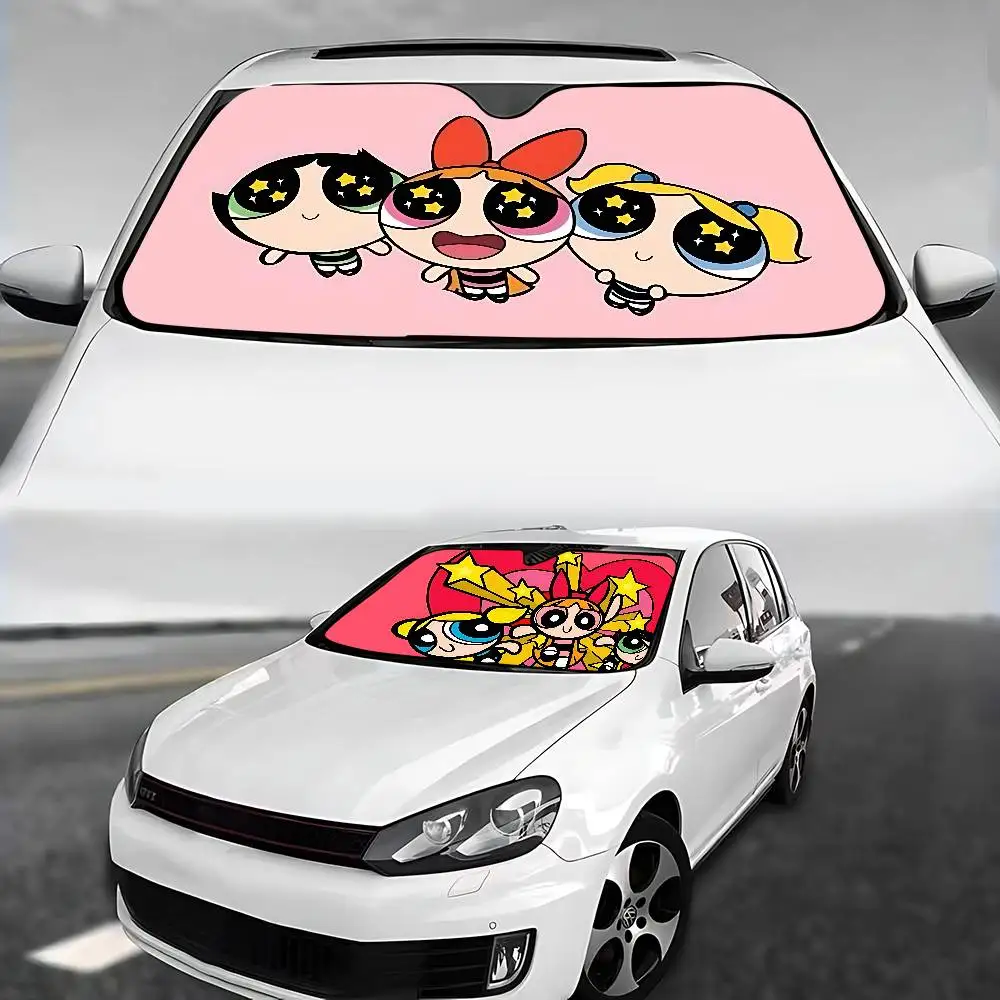 Cute-P-pOwerPuff-G- Girls Stylish And Trendy Windshield Sunshade, Car Windshield Cover, Car Sunshade Curtain, Car Sun Protection view 3