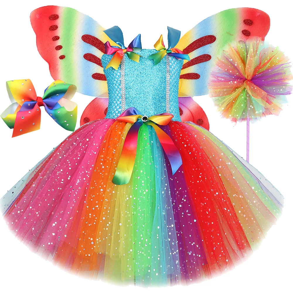 Sparkly Rainbow Fairy Costumes for Girls Glittery Colorful Candy Dress for Kids Halloween Christmas Tutus Birthday Wings Outfits