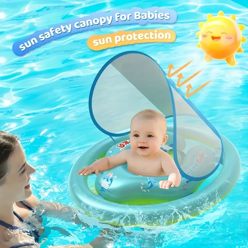 حلقة عائمة للأطفال مع مظلة شمسية قابلة للإزالة وتصميم قرفصاء غير قابل للانزلاق - مما يجعلها هدية صيفية مثالية