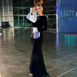 Elegant Evening Dress Black Backless Pearl Long Sleeves Mermaid Evening Gowns 2024 Boat Neck Trumpet Simple Formal Party Dresses