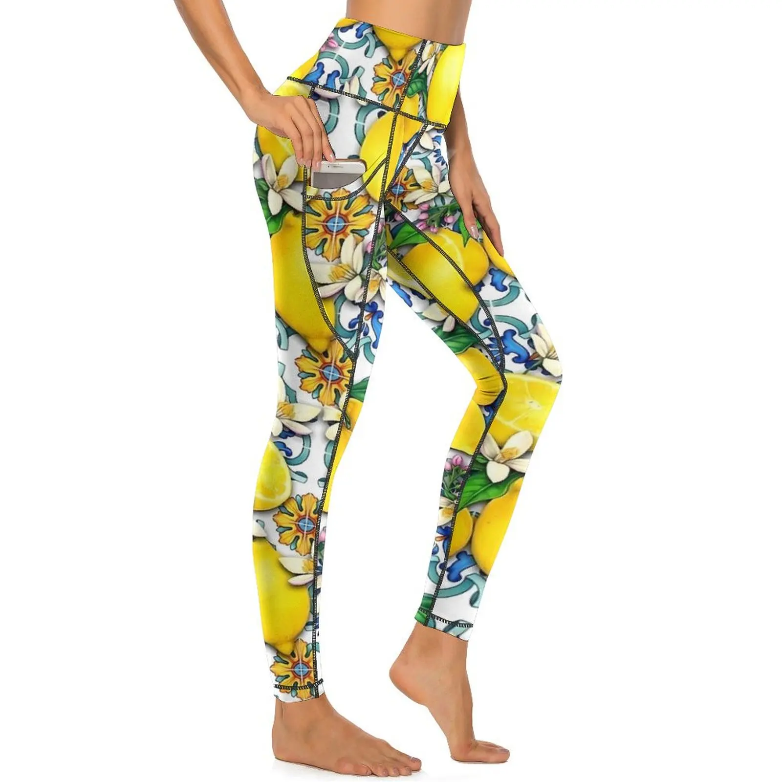 Sicilian Tiles with Citrus Lemon Yoga Pants Sexy Graphic Leggings High Waist Fitness Gym Leggins Fashion Stretchy Sports Tights