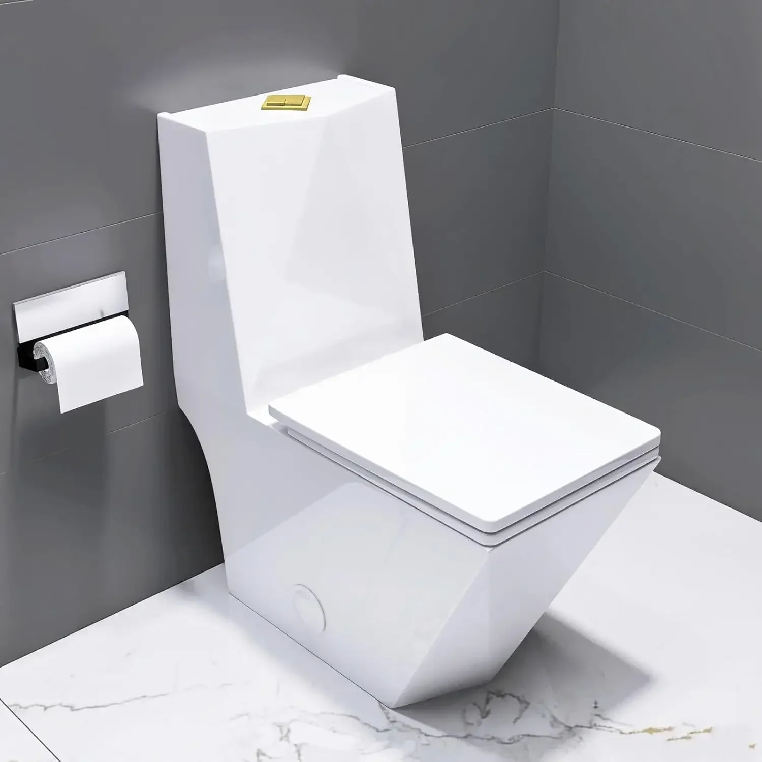 

Modern Square Toilet One Piece With Golden Push Button Dual Flush Elongated Rectangle Comfortable ADA Height,White, Customized