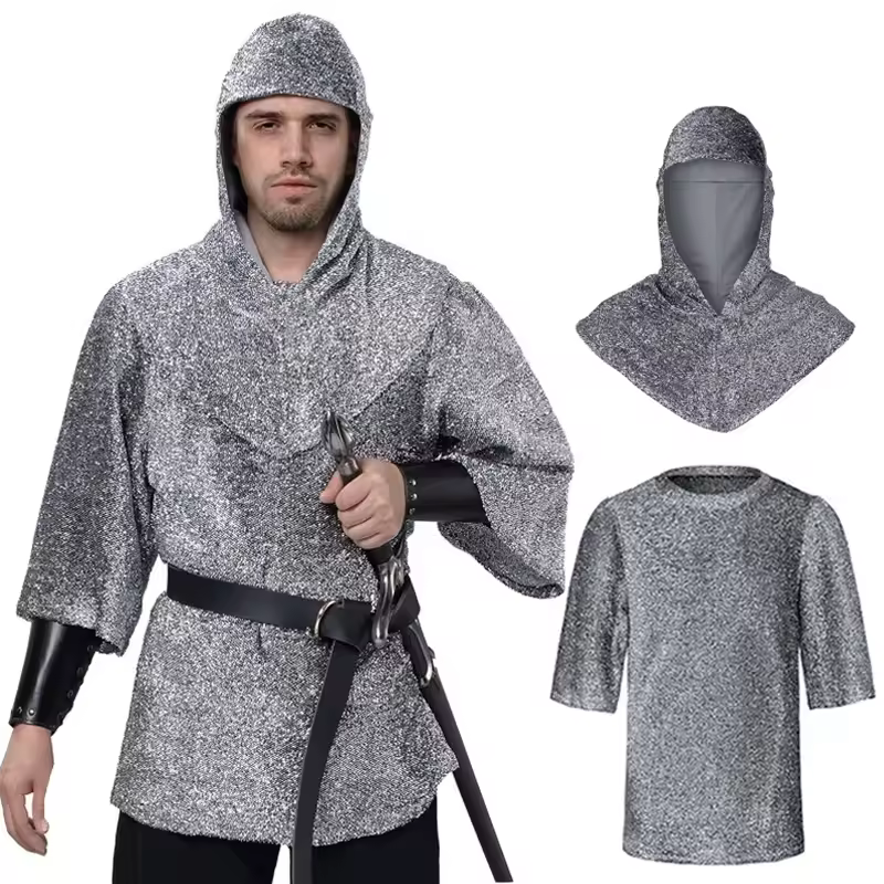 Túnica de armadura de correo de cadena sintética renacentista, camisa Coif, disfraz cruzado de capó de caballero Medieval, conjunto de cinturón de cintura con brazaletes
