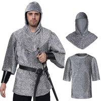 Renaissance Faux Chain Mail Armor Tunic Shirt Coif Medieval Knight Cowl Crusader Costume outfit Bracers Waist Belt Set