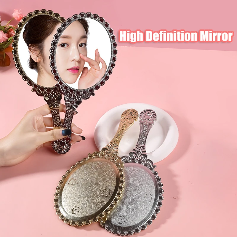 【Beautiful】Vintage Patterned Handheld Makeup Mirror Hand Hold Oval Round Mirror Noble Restore Ancient Ways Court Mirror Beauty