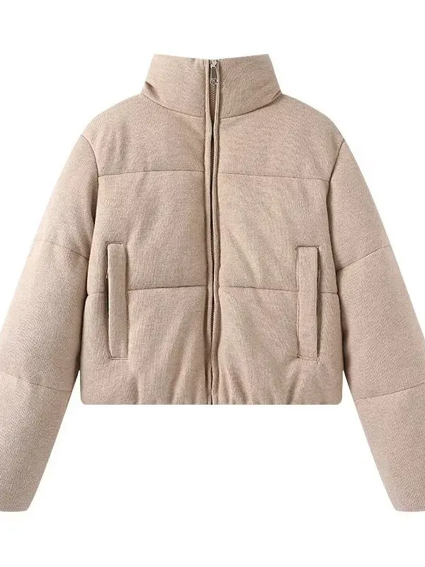 Jaqueta de Aodão Acolchoada para o Outono Inverno 2025, Casaco Curto de Manga Longa com Gola Alta, Moda para Mulheres