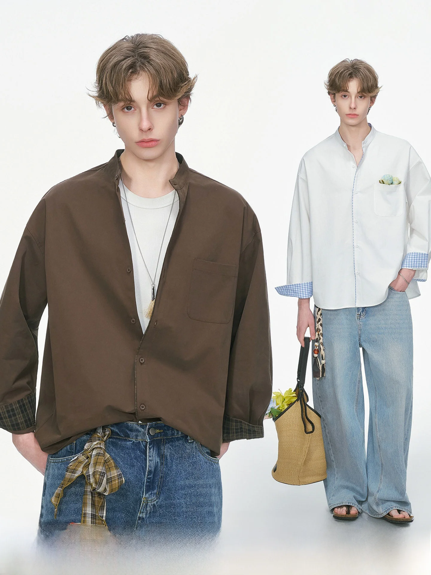 

Dream Made Men's Casual Long Sleeve Shirt Henry Collar Plaid White Spring Autumn Cotton Youth Fashion Loose Fit Button up