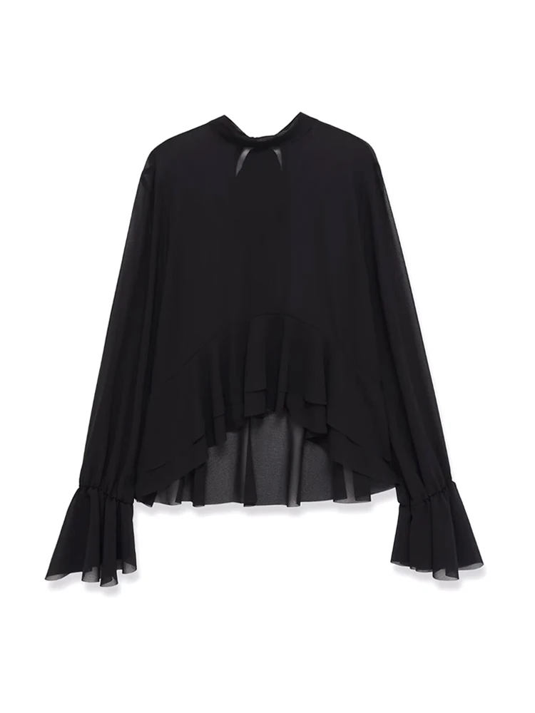 Camicetta asimmetrica semitrasparente chic da donna Camicie femminili alla moda sexy a maniche lunghe con fiocco sul retro