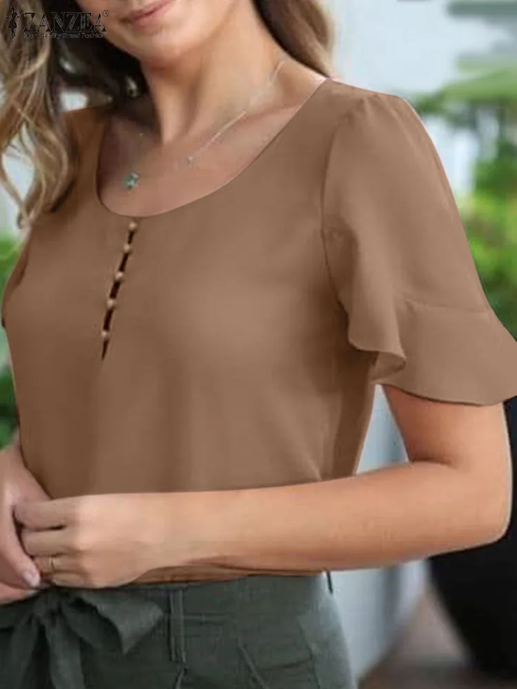 ZANZEA-Blusa de manga corta con cuello redondo para Mujer, camisa elegante con volantes sólidos, informal, para playa y trabajo, Verano