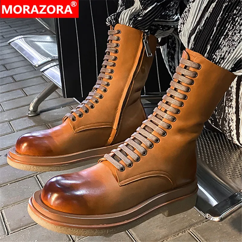 

MORAZORA 2024 New Genuine Leather Street Style Women Boots Ladies Winter Mid Calf Boots Thick Med Heels Zipper Platform Shoes