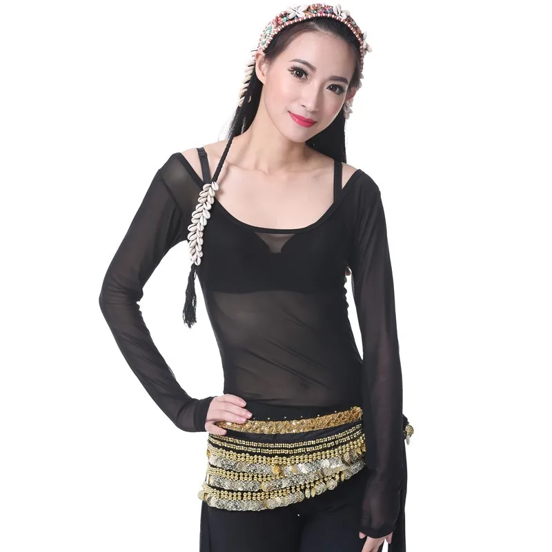Customized Tribal Style Transparent Round Neck Long Sleeved Belly Dance Specific Transparent Base Top