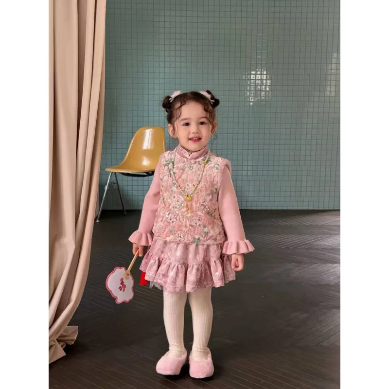 

Girls' Traditional Chinese Style Outfit2025Autumn Winter New Fashionable Baby New Chinese Style Fleece-Lined Thickened Vest and