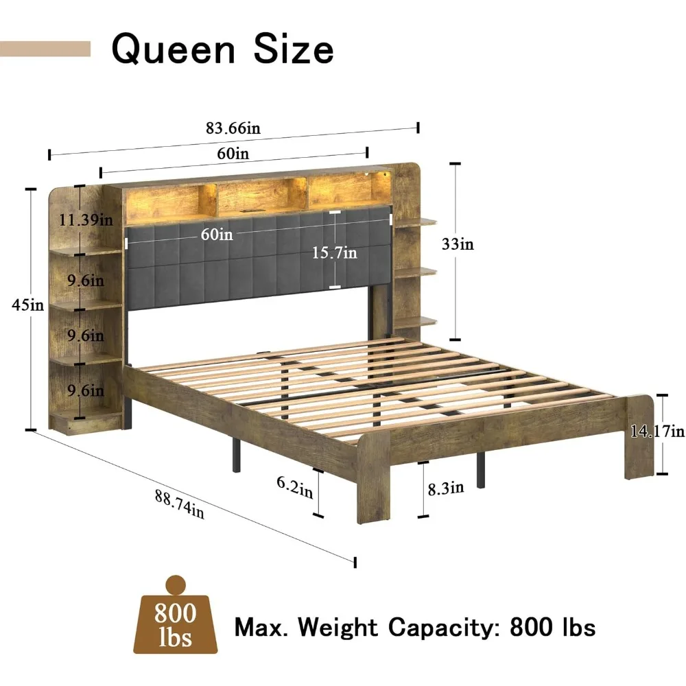 bedstead.Queen SizePlatform Bed Frame with Storage,Dark GrayLinen Headboard with BookcaseShelves LED Lights and Charging Station