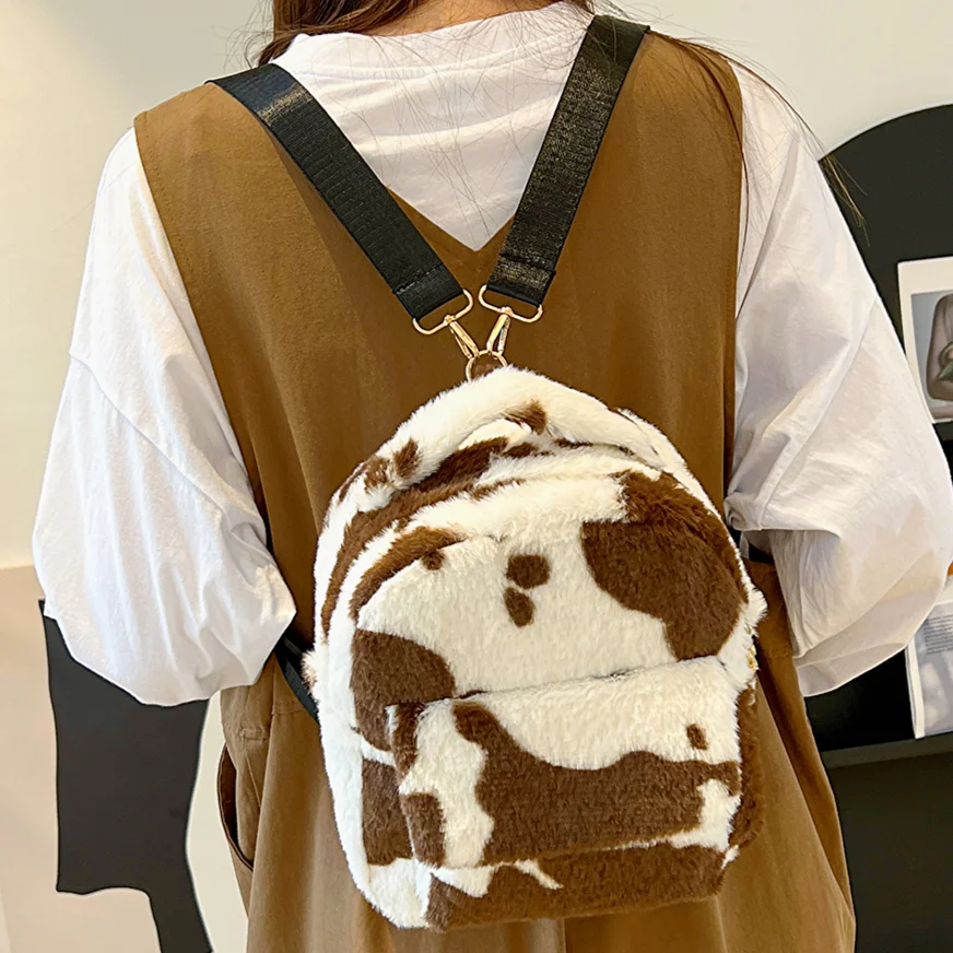 Cartoon Plush Mini Mochilas Milk Cow Pattern Small Backpacks Japanese Aesthetic Schoolbag Kawaii Fluffy Rucksack for Girls&Women