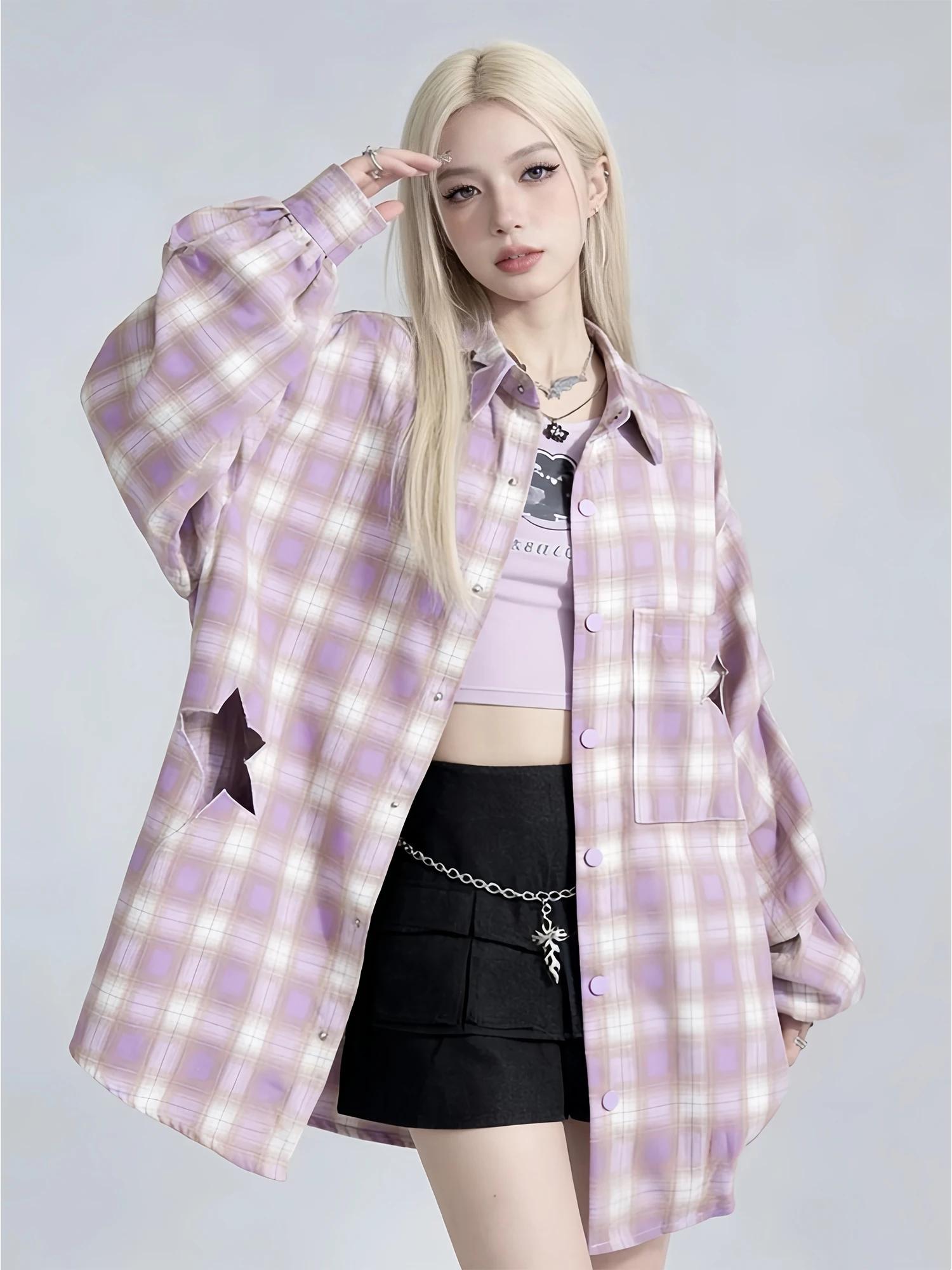 

Women's Y2k Purple Plaid Blouses and Shirts Aesthetic Vintage 2000s Hollow Star Long Sleeve Oversize Shirt Blouse Shoujo Clothes