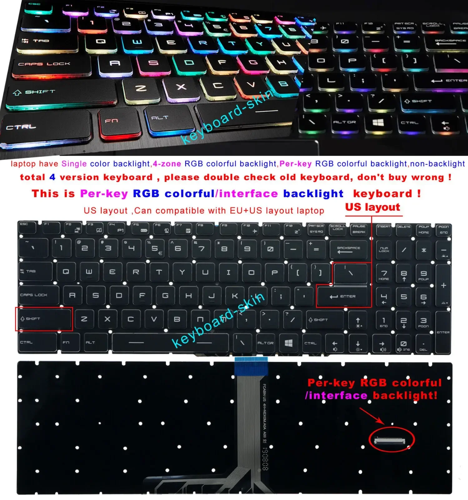 

New US keyboard full color Colorful Per-key backlit for MSI GT76 9SG 9SF 9SG GL63 GL73 GL65 8SDK 8SEK 9SDK 9SEK 9SCK 10SDK 10SEK