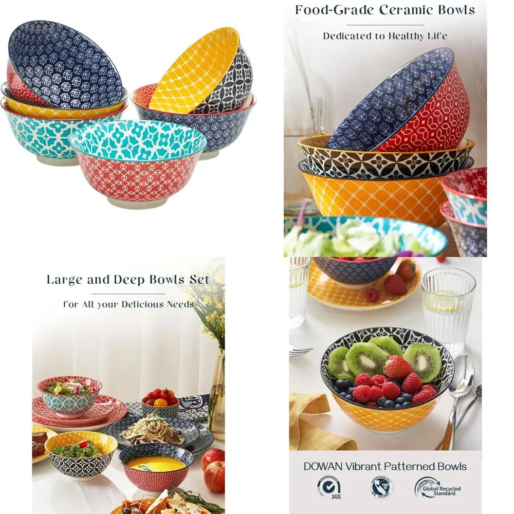 

Set of 6 Ceramic Large 33 oz Bowls - Perfect for Ramen, Pasta, Salad - Vibrant Patterned Porcelain - Dishwasher and Microwave Sa