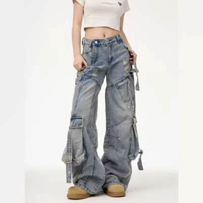 Y2k Cargo Jeans for Women Baggy High Street Chic All-match Daily Vintage Ins Waist Trousers Autumn Popular Multi-pockets Classic