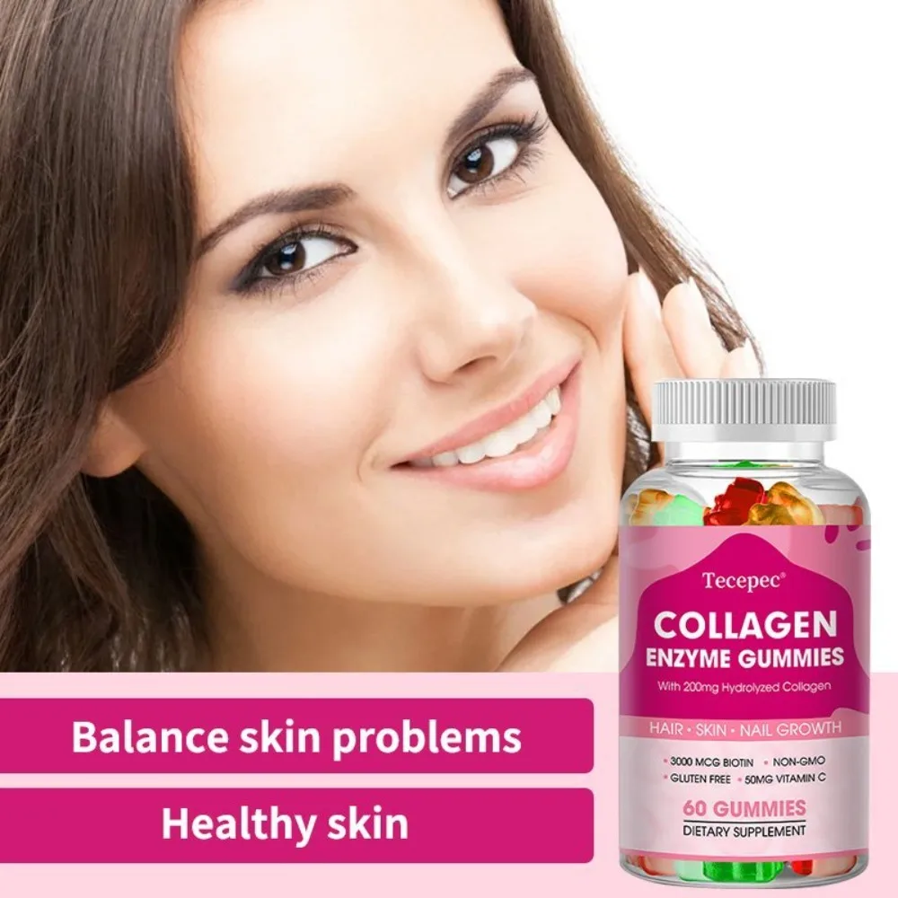 Collagen Enzyme Gummy, 60 Counts | with 200mg Hydrolyzed Collagen 3000 Mcg Biotin, 50mg Vitamin C, Support Skin Nail Hair Growth