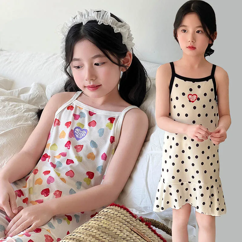 2 to 14 Years Summer Little Girl Nightgown Cartoon Pajamas Dress for Kids Teenager Night Dress Pink Blue Stripe Plaid Nightdress