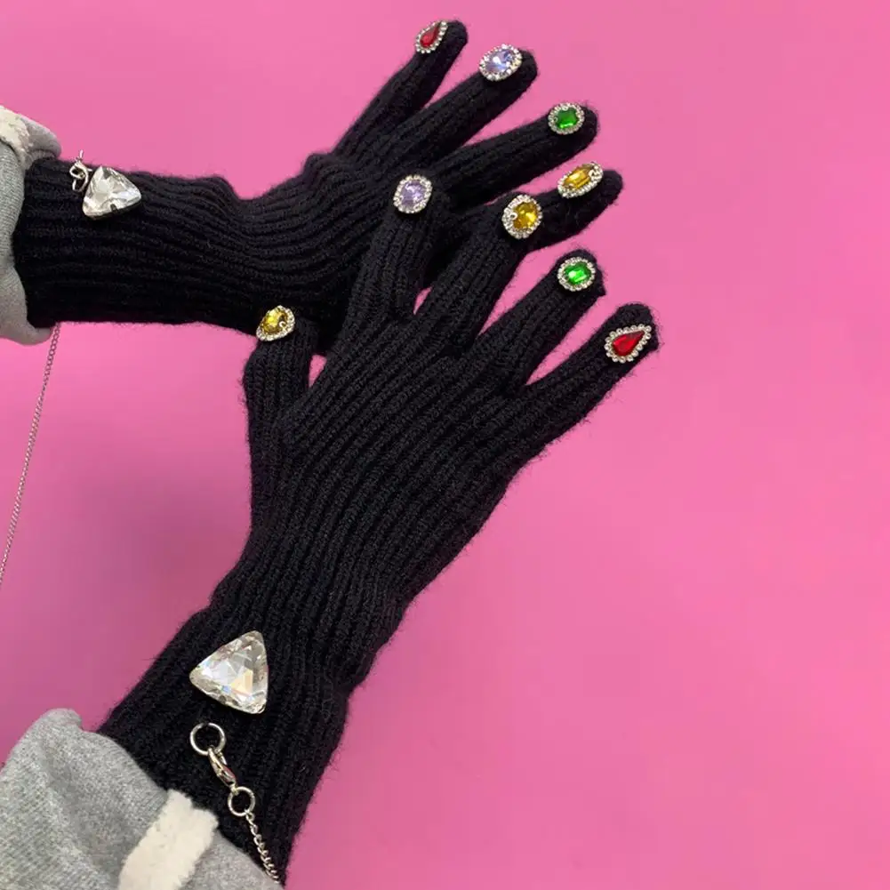 Lady Winter Gloves 1 Pair Cute Rhinestone Decor Striped Elastic Ridding Gloves for Outdoor