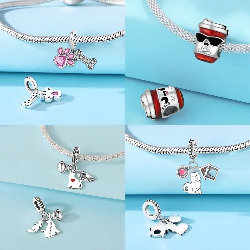 Real Silver S925 Pet Cat Dog Charms Heart Love Beads Fit Original Bracelets DIY Birthday Jewelry Gifts for Women Daily Matching