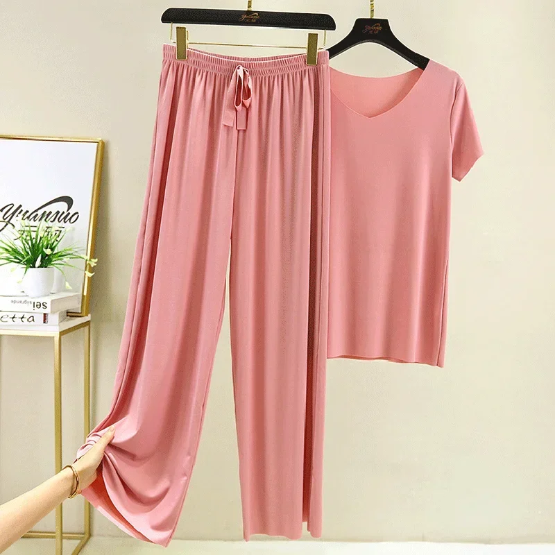 Women'S Pajamas Summer 2 Piece Sets Pyjamas Femme Outfits Vacation 2025 New Collection Wide Leg Pants Elegant Casual plue size