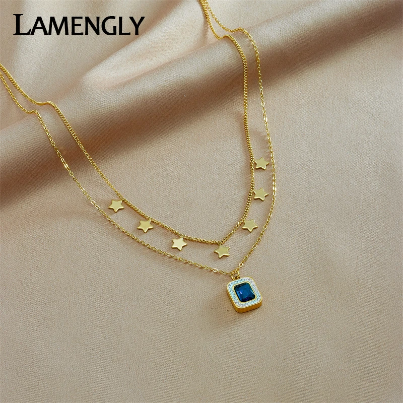 LAMENGLY 316L Stainless Steel Blue Zircon Star Pendant Necklace For Women New Trend Girls 2in1 Chain Jewelry Party Gifts Collar