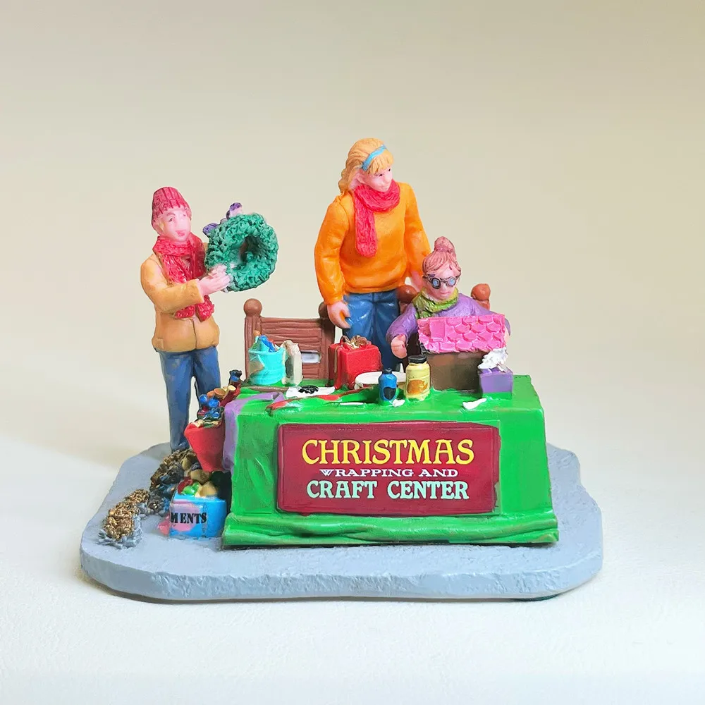 Resin Christmas Village Scene Figurine Xmas Wrapping Craft Center Mini Statue Holiday Home Table Decor Collectible Ornament