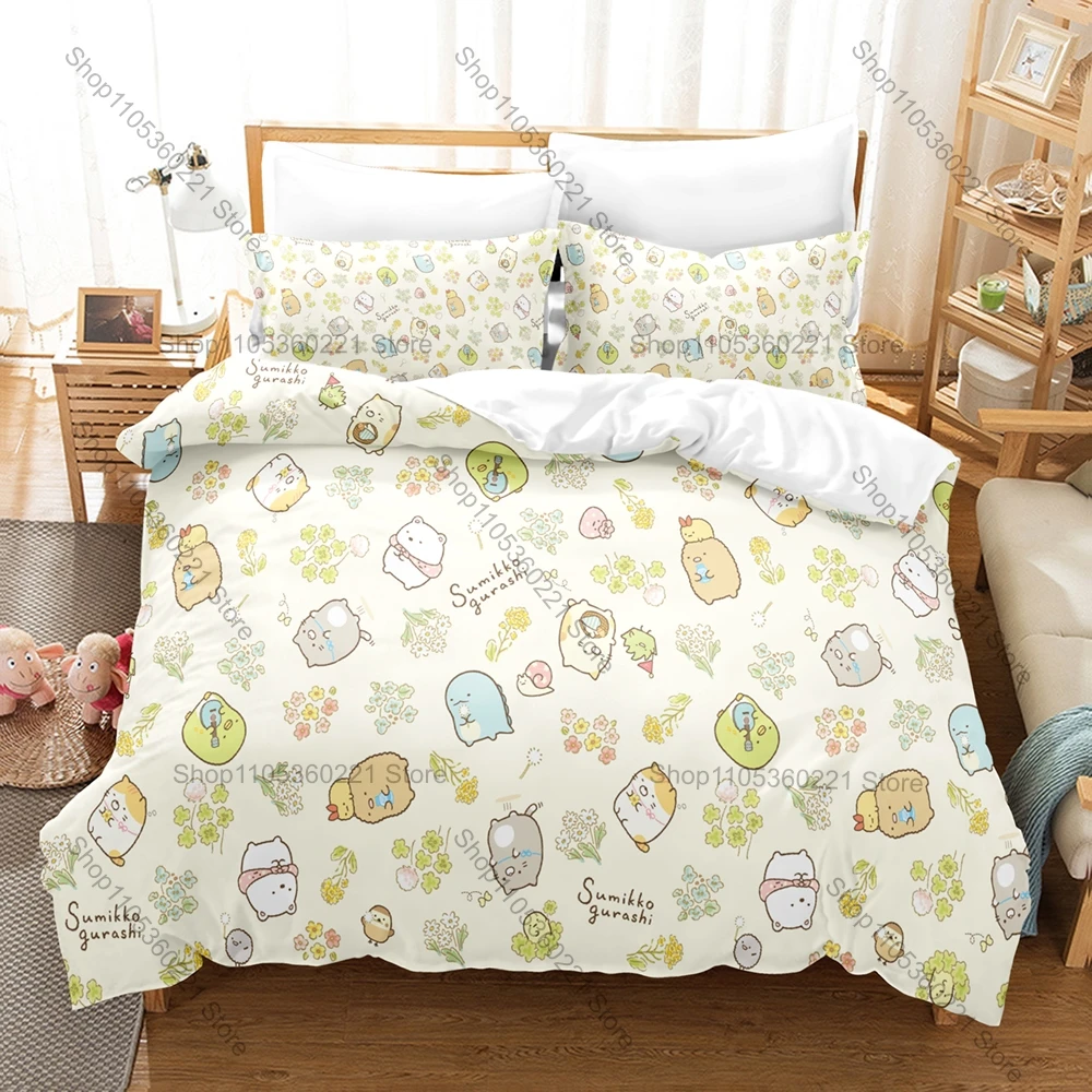 Sumikkogurashi Printed Bedding Set, Duvet Cover plus 2 Pillowcases, Adorable Cartoon Style Soft Microfiber Textiles