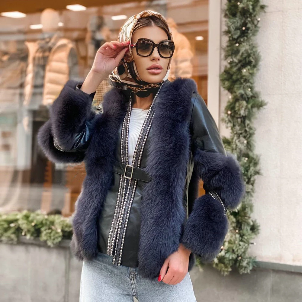 BFFUR Fashion Women Real Fox Fur Jacket With Genuine Sheep Leather High Quality Genuine Fox Fur Coats V-neck Natural Fur Coats