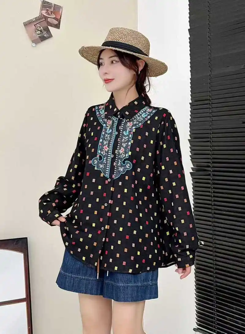 اليابانية خمر موري فتاة مكعب طباعة التطريز المرقعة تي شيرتات قطن المرأة الخريف رفض طوق كم طويل بلوزة غير رسمية