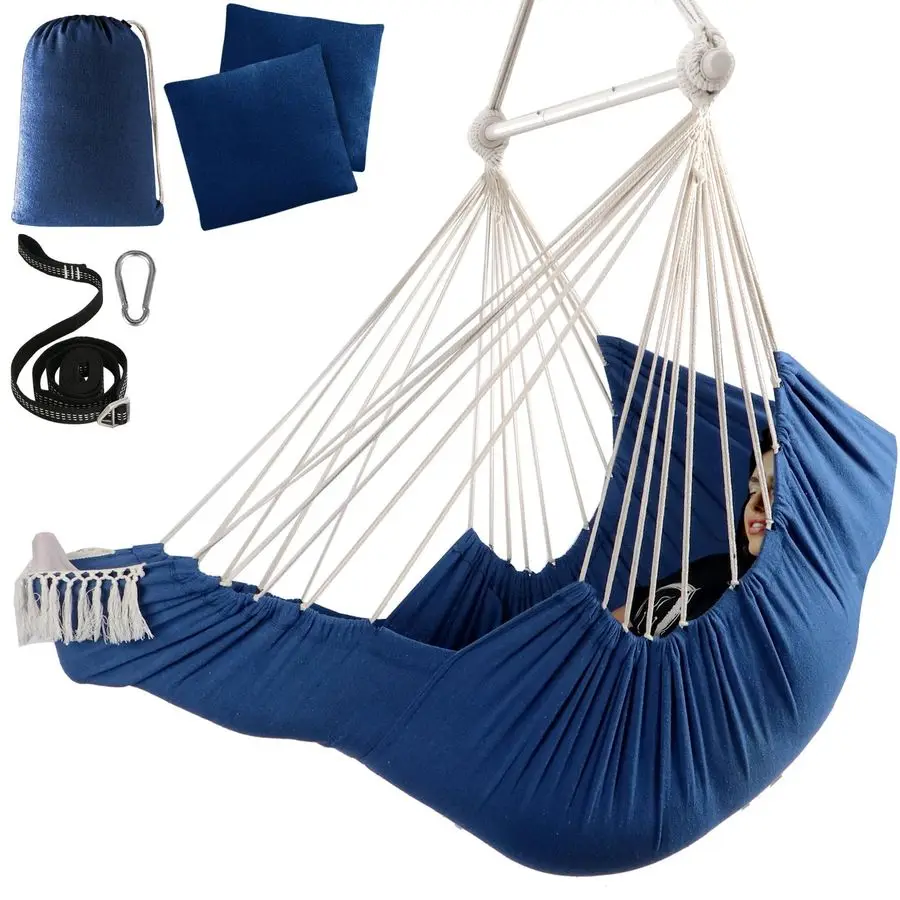 

Hammock Chair Hanging Chair with Foot Rest 2 Cushions Max 500lbs Robust Metal Spreader Bar Collapsible Easy Storage Soft Cotton