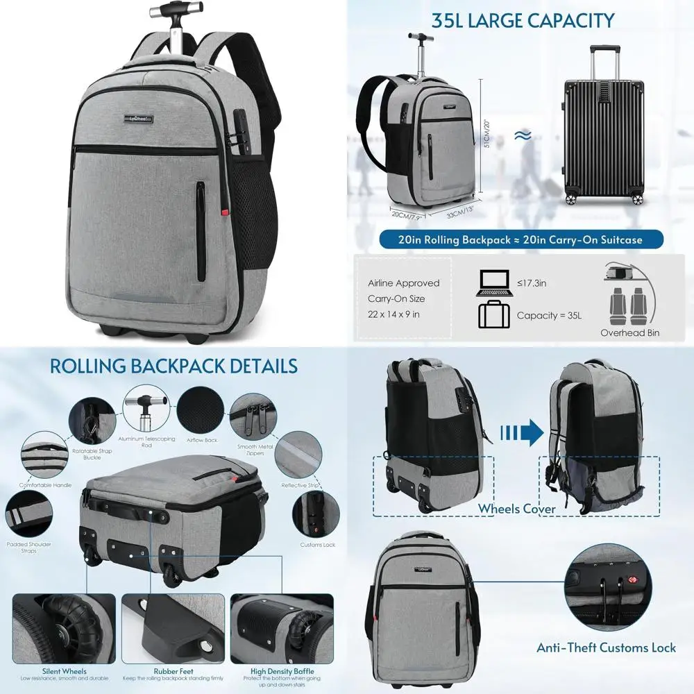 lychee Verborgen Rolbare Rugzak - Volwassenen Laptop Rugzak met Wielen - 20 inch Onzichtbare Schouderband Waterdichte Rugzak