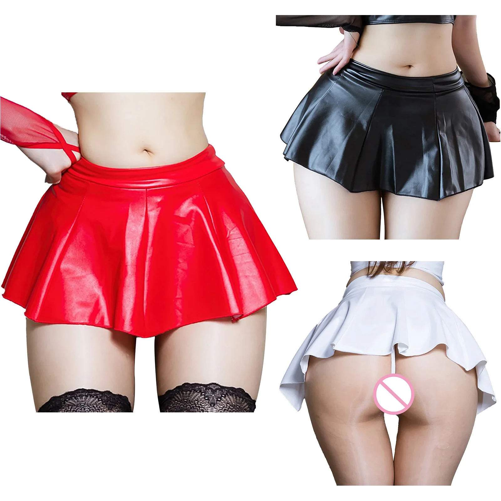 Wetlook-Mini jupe trapèze à volants en cuir PU pour femmes, vêtements de nuit sexy, lingerie pour fête, club, festival de musique, pôle phtaline, 343