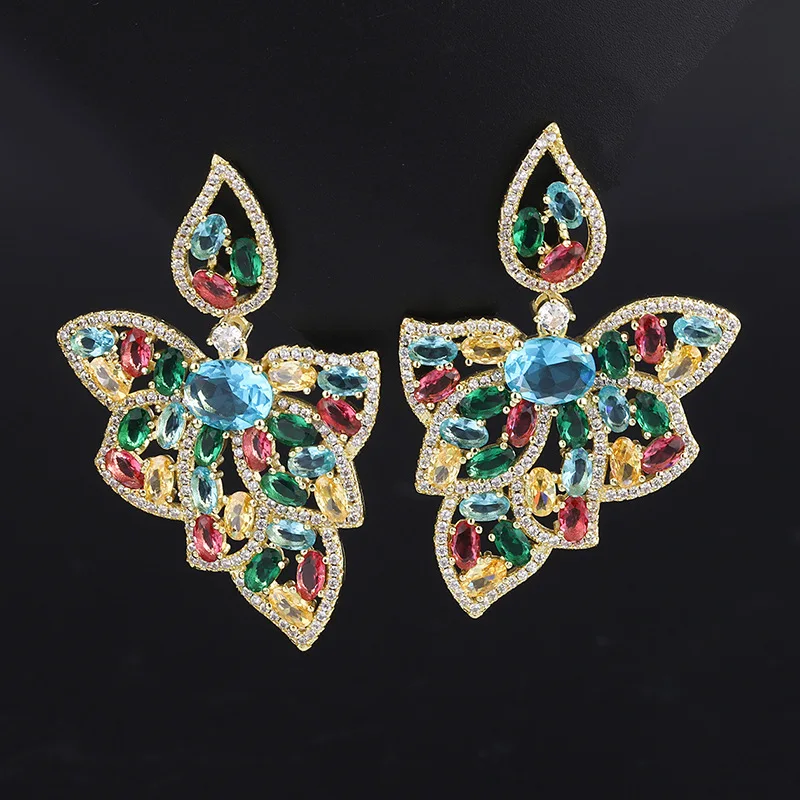 Amazon Best-Selling Earrings: European and American Micro-Inlaid Zirconia Aquamarine Butterfly South American Style Large Earrin