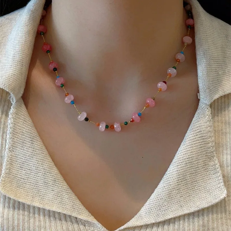 

Minar Boho Pink Crystal Natural Stone Beads Beaded Necklace for Women Female 18K Gold Plated Titanium Steel Chain Strand Choker