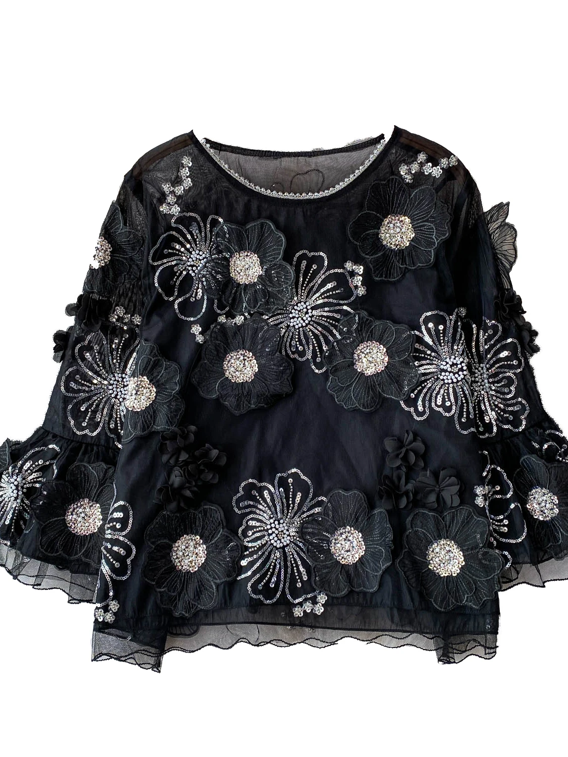 

Ele round Ne Lace irt Женская летняя мода Age-defng Bell Sve Beaded iny с цветочной 3D тяжелой вышивкой Офис S...