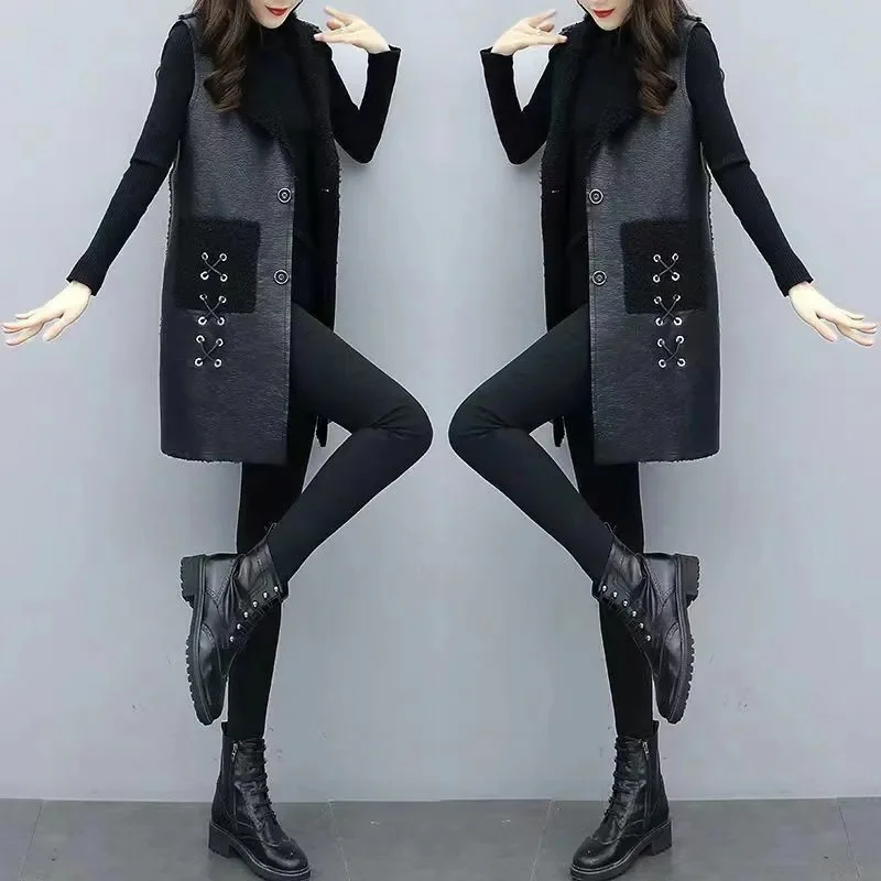 5XL Large Size Vests 2023 Autumn Winter New PU Leather Patchwork Lambwool Sleeveless Jacket Women Korean Slim Female Waistcoat