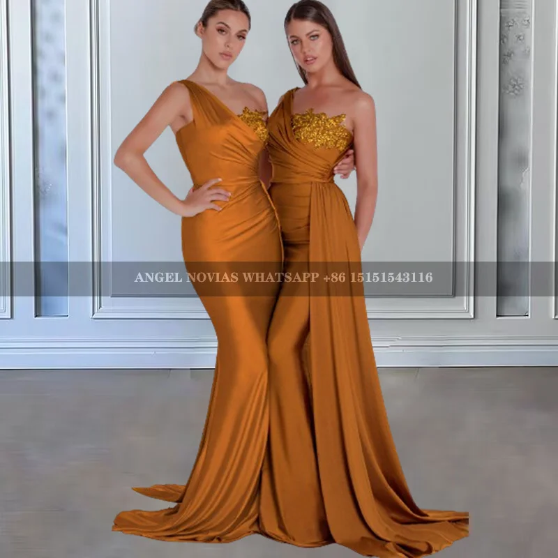 

Burnt Orange Bridesmaid Dresses Mermaid One Shoulder Sexy Women Long Wedding Party Dress Custom Size