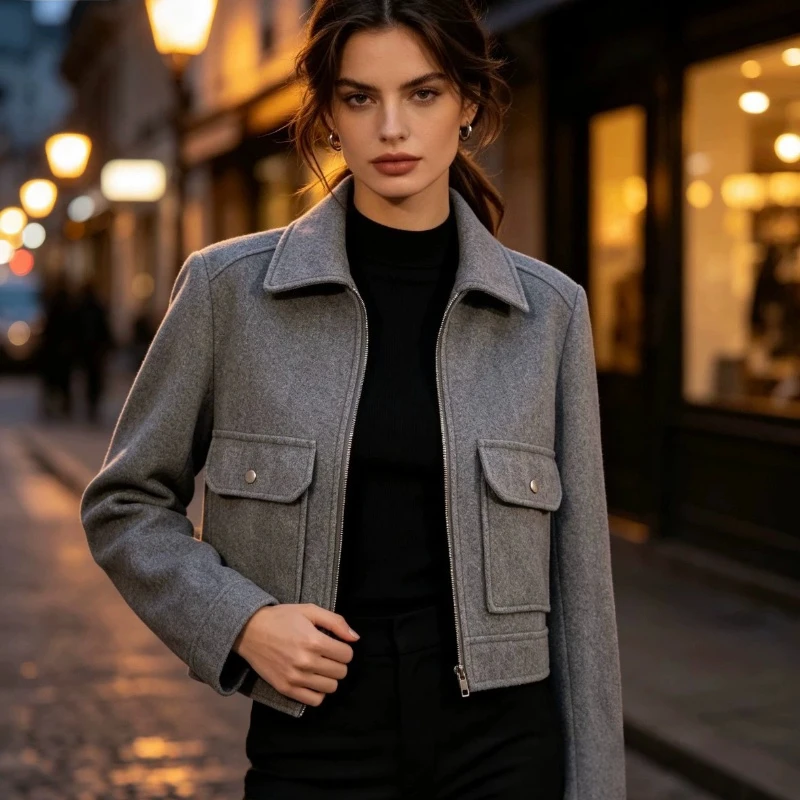 2026 Autumn Hot Selling Women's Zipper Decoration Soft Jacket Coat Autumn/Winter Retro workwear Double Pocket Woolen Coat