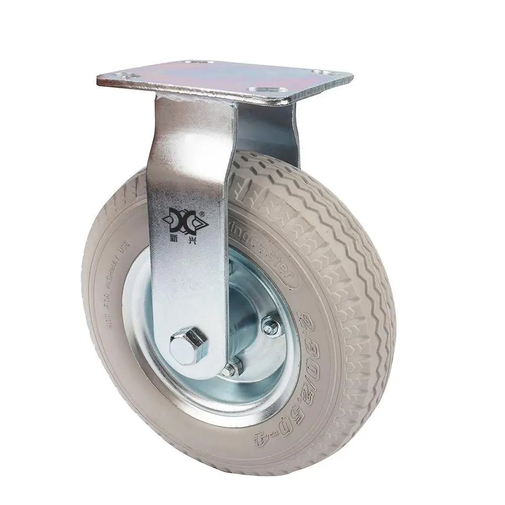 1 Pc Heavy Duty 8-inch Galvanized Pu Foam Fixed Wheel Solid Gray Rubber Caster