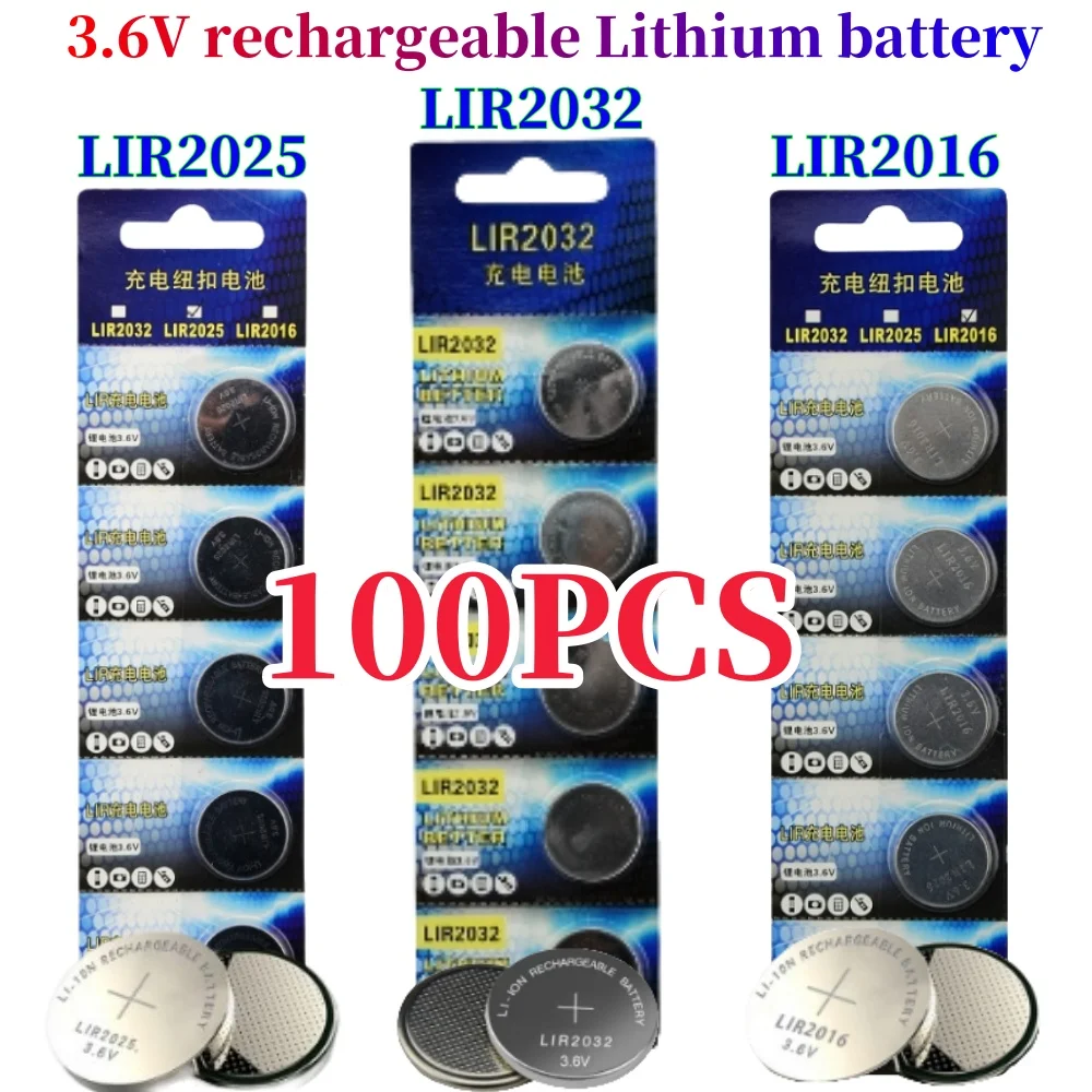 100PCS 3.6V LIR2032 LIR2016 LIR2025 Rechargeable Button Cell Batteries LIR 2032 Coin Cells CR2032 CR2025 CR2016 Watch Batteries